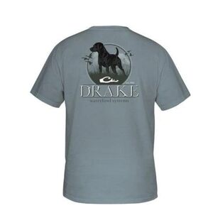 Drake Standing Black Lab Waterfowl Systems Tee Ice Blue